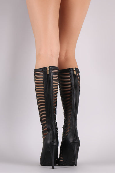 Anne Michelle Caged Lace-Up Knee High Boots