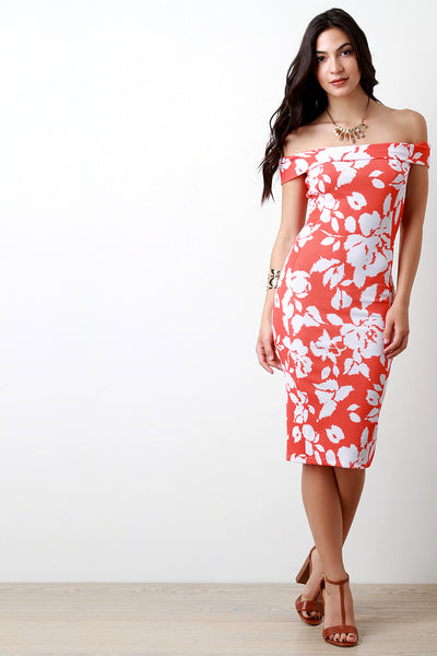 Abstract Floral Off The Shoulder Midi Dress