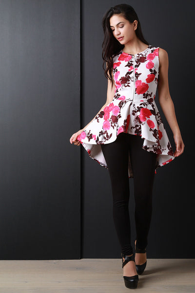 Zip Front Peplum High Low Hem Top