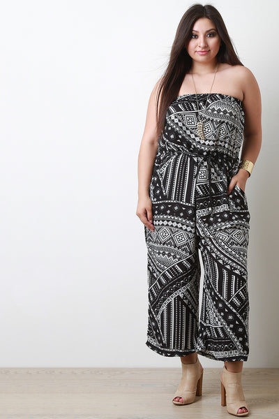 Abstract Printed Strapless Belted Jumpsuit