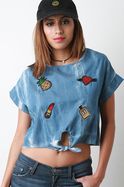 Acid Wash Chambray Patches Front-Tie Short Sleeve Crop Top