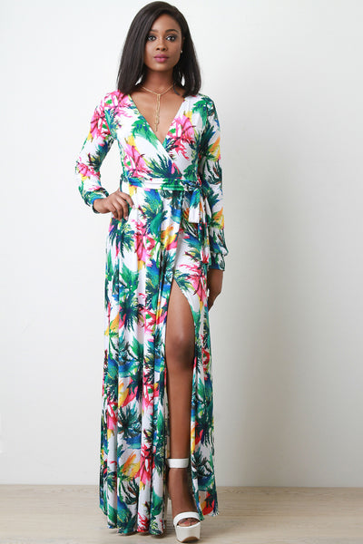 Abstract Floral Surplice V-Neck Waist Tie Long Sleeves Maxi Dress
