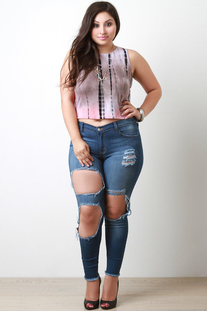 Plus Size Distress Triple Hole Skinny Jeans