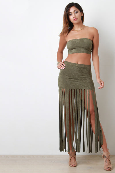 Vegan Suede Bandeau Fringed Two Piece Dress