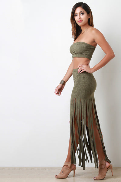 Vegan Suede Bandeau Fringed Two Piece Dress