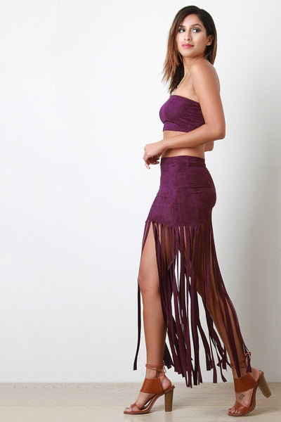 Vegan Suede Bandeau Fringed Two Piece Dress