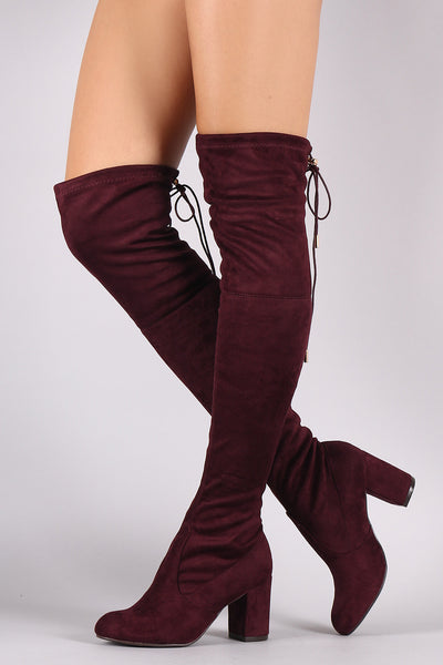 Suede Drawstring Tie Chunky Heeled Over-The-Knee Boots