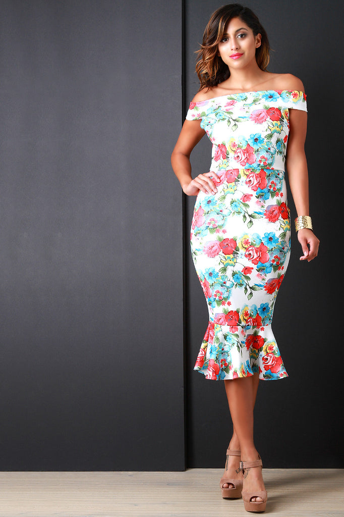Watercolor Floral Off The Shoulder Ruffle Dress