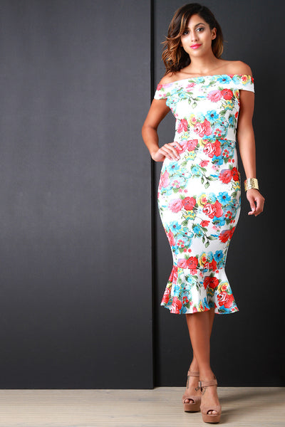 Watercolor Floral Off The Shoulder Ruffle Dress