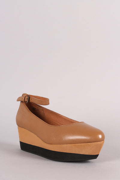 Ankle Strap Almond Toe Napa Leather Flatform Wedge