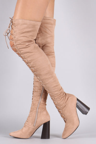 Suede Lace Up Chunky Heeled Over-The-Knee Boots