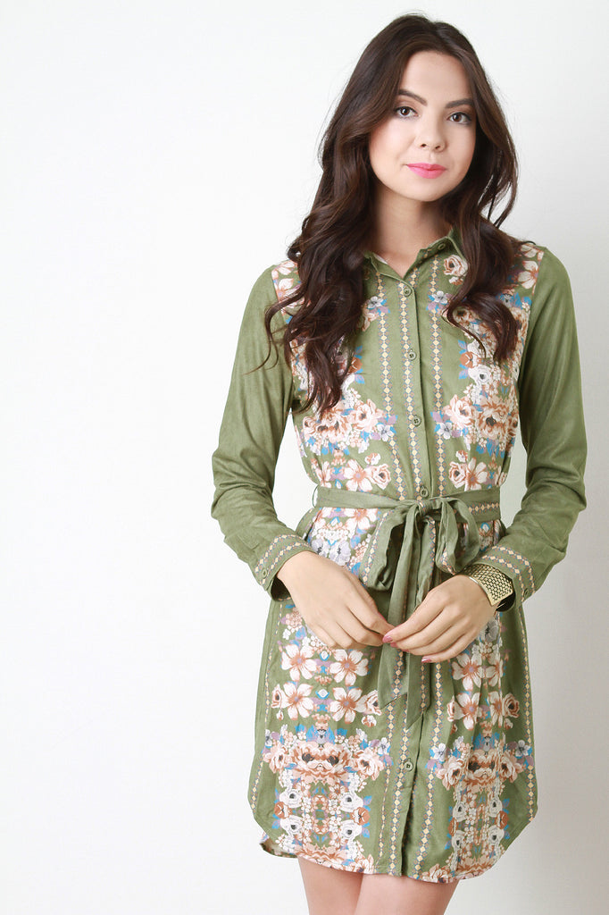 Vegan Suede Floral Button Up Dress