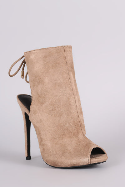 Suede Peep Toe Back Lace Up Stiletto Mule Booties