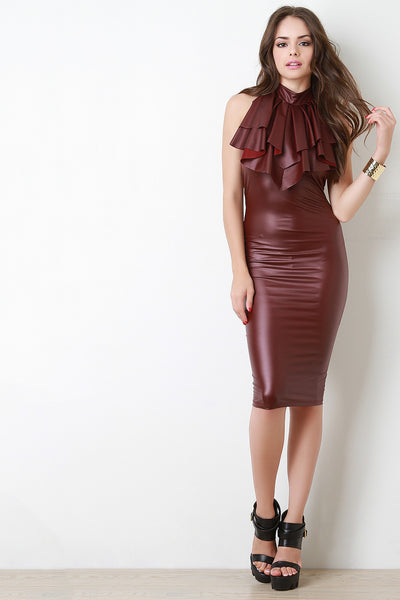 Vegan Leather Ruffle Mock Collar Midi Dress