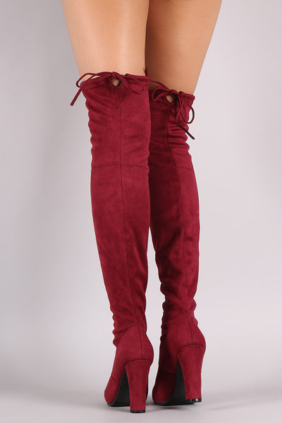 Suede Drawstring Tie Almond Toe Heeled Boots