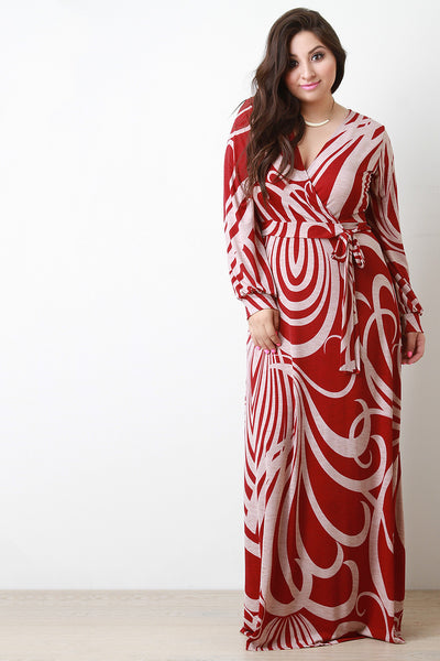 Abstract Curve Lines Surplice Longsleeve Maxi Dress
