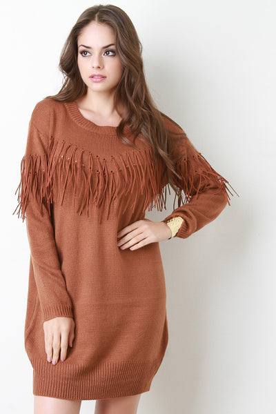 Vegan Leather Fringe Sweater Dress