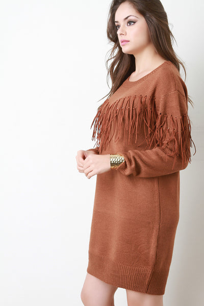 Vegan Leather Fringe Sweater Dress