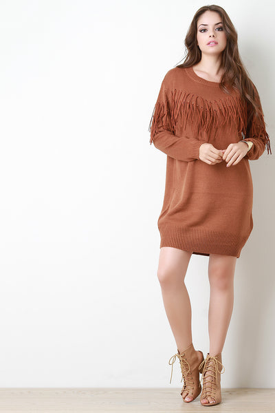Vegan Leather Fringe Sweater Dress