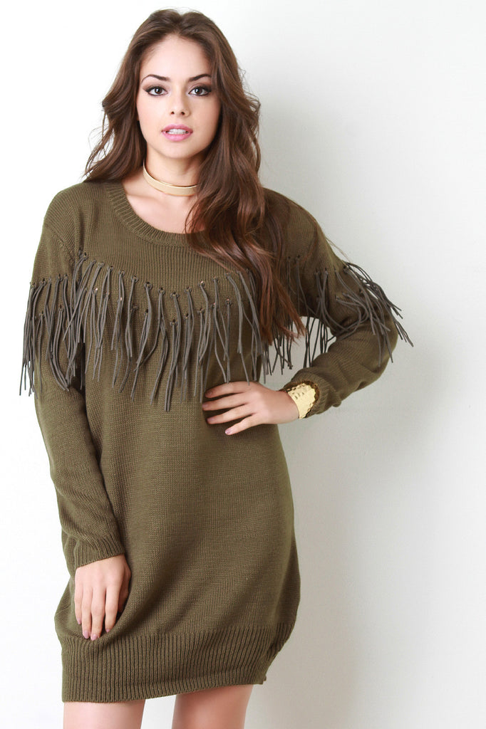 Vegan Leather Fringe Sweater Dress