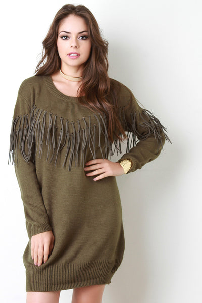 Vegan Leather Fringe Sweater Dress