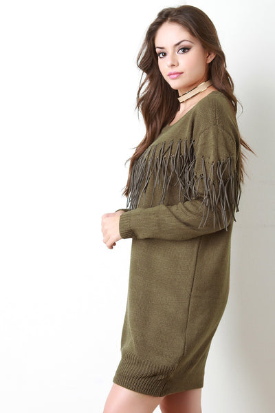 Vegan Leather Fringe Sweater Dress
