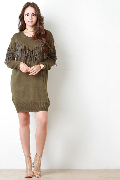Vegan Leather Fringe Sweater Dress