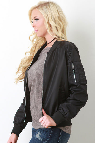 Ribbed Trimmed Bomber Jacket