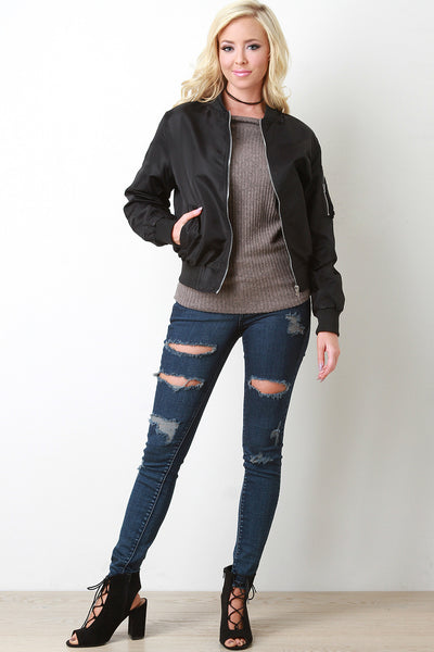 Ribbed Trimmed Bomber Jacket