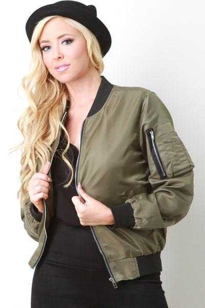 Ribbed Trimmed Bomber Jacket