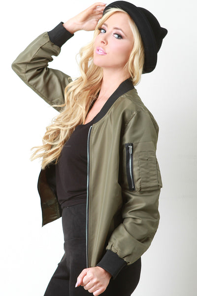 Ribbed Trimmed Bomber Jacket