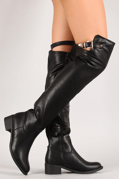 Elastic Panel Buckle Riding Over-The-Knee Boots