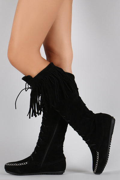 Fringe Cuff Lace Up Moccasin Flat Boots