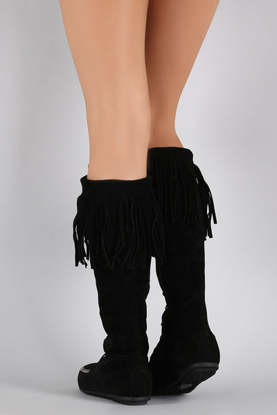 Fringe Cuff Lace Up Moccasin Flat Boots