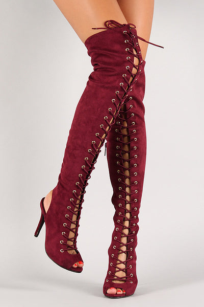 Breckelle Lace Up Back Cutout Stiletto Over-The-Knee Boot