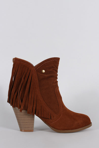 Suede Fringe Ruched Round Toe Heeled Western Ankle Boots