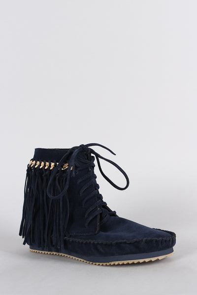 Bamboo Suede Link Chain Fringe Lace Up Moccasin Flat Booties