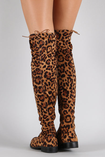 Bamboo Leopard Faux Suede Tied Flat Thigh High Boot