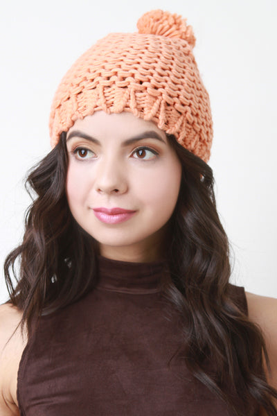 Loose Knit Pom Pom Beanie