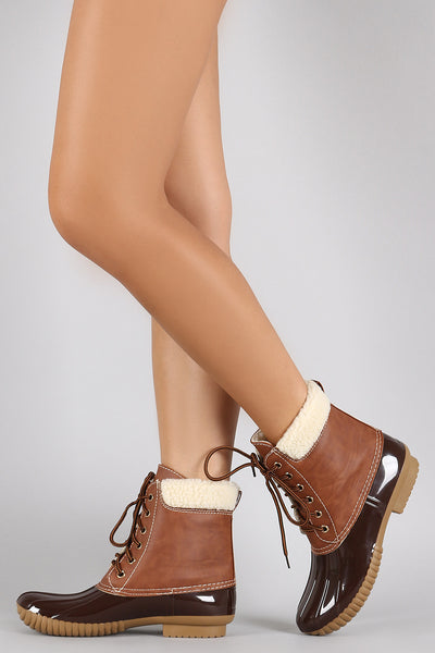 Faux Shearling Cuff Lace Up Duck Ankle Boots