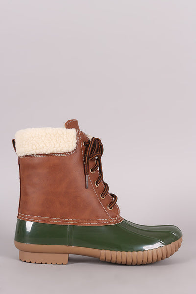 Faux Shearling Cuff Lace Up Duck Ankle Boots