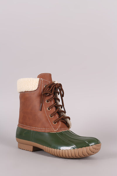 Faux Shearling Cuff Lace Up Duck Ankle Boots