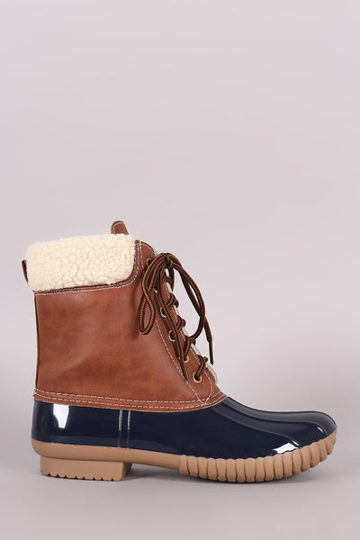 Faux Shearling Cuff Lace Up Duck Ankle Boots