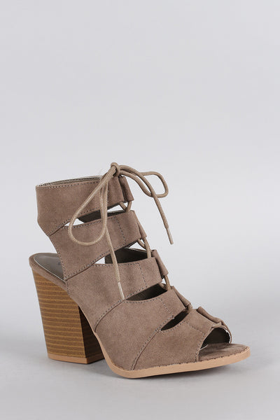 Qupid Lace Up Cutout Cage Chunky Heel