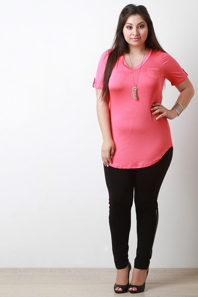 V-Neck Pocket Tab Sleeve Round Hem Top