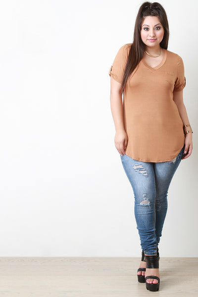 V-Neck Pocket Tab Sleeve Round Hem Top