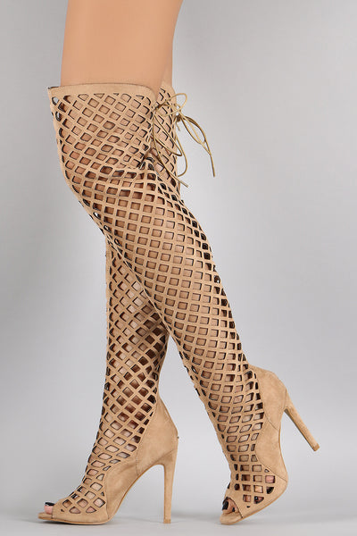 Suede Geometric Cutouts Peep Toe Stiletto Over-The-Knee Boots