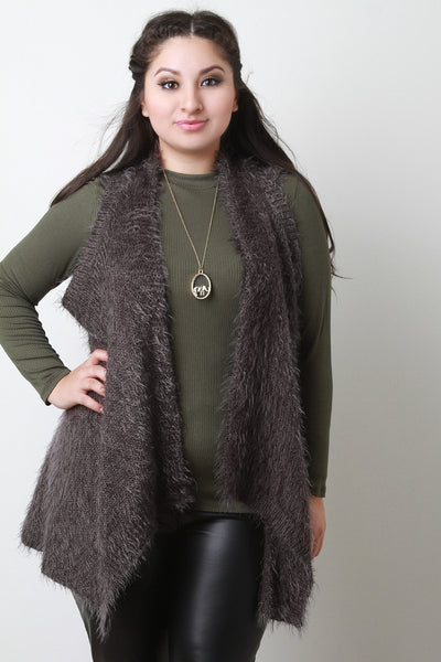 Back Contrast Knit Sleeveless Drape Faux Fur Vest