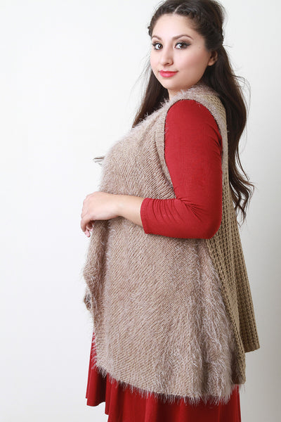 Back Contrast Knit Sleeveless Drape Faux Fur Vest