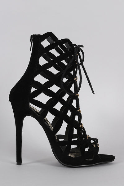 Liliana Caged Laser Cut Lace Up Heel